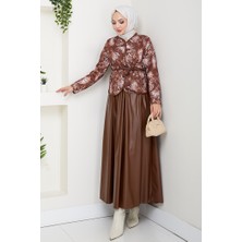 Desenli Ceket Etek Deri Ikili Takım 1616 - Kahve