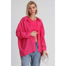 Kadın Fuşya Oversize Gömlek | Düşük Omuzlu Cep Detaylı | Rahat Kalıp