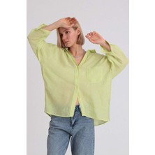 Kadın Neon Sarı Oversize Gömlek | Düşük Omuzlu Cep Detaylı | Rahat Kalıp