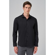 Erkek Siyah Basic Düz Desen Italyan Yaka Slim Fit Gömlek