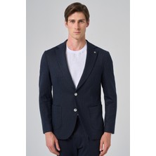  Erkek Lacivert Poliviskon Trend Çizgili Slim Fit Mono Yaka Takım Elbise