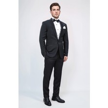 Slim Fit Saten Şal Yaka Siyah Damatlık