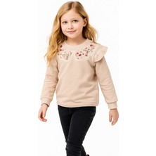 Fırfırlı Yakası Çiçek Nakışlı 2 Iplik Uzun Kol Kız Çocuk Sweatshirt