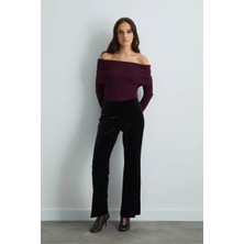 Gusto Beli Lastikli Bol Paça Kadife Pantolon - Mürdüm