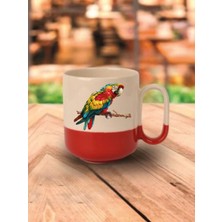 Papağanlı Kırmızı Tabanlı Kupa Bardak Sevgiliye Hediye - Seramik Çay, Kahve Hediyelik Bardağı