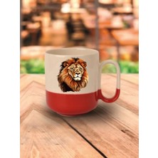 Aslanlı Kırmızı Tabanlı Kupa Bardak Sevgiliye Hediye - Seramik Çay, Kahve Hediyelik Bardağı