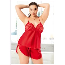 4232 Kırmızı Büyük Beden Dantelli Ip Askılı Sexy Saten Şortlu Gecelik