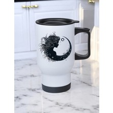 Kadın ve Ay Temalı Kulplu Çelik Bardak Termos 450 ml