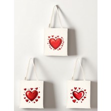 Kalp ve Kalpler Baskılı Bez Çanta 3'lü Omuz Çantası - Kadın Için Doğum Günü Hediyesi