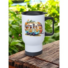 Çiçekli Karavan Baskılı Kulplu Çelik Bardak Termos 450 ml