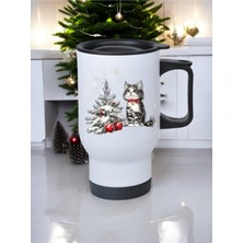 Kedi ve Yılbaşı Temalı Kulplu Çelik Bardak Termos 450 ml