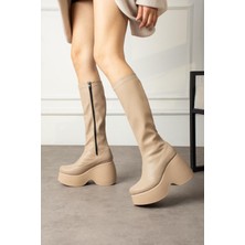 Shoetek Elsje Kadın Çizme Platform Dolgu Topuklu Streçli Nude Deri