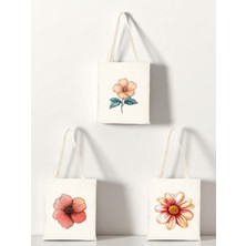 Sadece Çiçek Baskılı Bez Çanta 3'lü Omuz Çantası - Büyük Bez Çanta