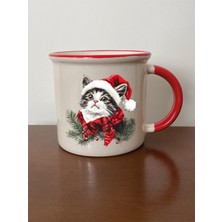 Yılbaşında Sevimli Kedi Baskılı Ağzı Kırmızı Kupa Bardak Yılbaşı Yeni Yıl Hediyesi