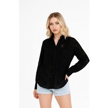 Kadın Siyah Fisto Desenli Pamuk Gömlek | Günlük ve Ofis Kombini