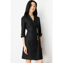 Ekol Kadın Kruvaze Yaka Düğmeli Elbise 4009 Siyah