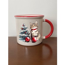 Kedi ve Yılbaşı Baskılı Ağzı Kırmızı Kupa Bardak Yılbaşı Yeni Yıl Hediyesi