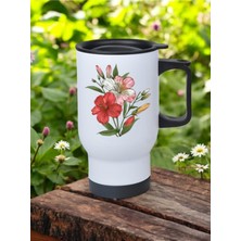 Çiçek Teması Baskılı Kulplu Çelik Bardak Termos 450 ml