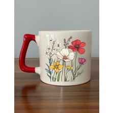 Çiçek Bahçesi Baskılı Kırmızı Kulplu Kupa Bardak Doğum Günü Hediyesi - Çay Fincanı