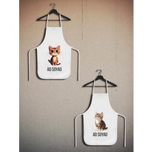 Sevimli Kedi Baskılı Isme Özel 2'li Keten Mutfak Önlüğü