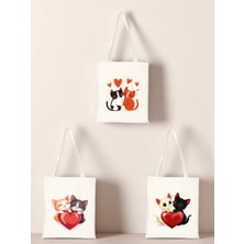 Kalp ve Kedi Baskılı Bez Çanta 3'lü Omuz Çantası - Kadın Için Doğum Günü Hediyesi