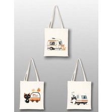 Kedi ve Karavan Baskılı Bez Çanta 3'lü Omuz Çantası - Kadın Için Doğum Günü Hediyesi Hediye Ürün