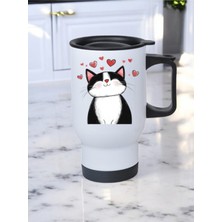 Kalpli Sevimli Kedi Baskılı Kulplu Çelik Bardak Termos 450 ml