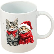 Yılbaşında Kediler Baskılı Beyaz Kupa Bardak Yılbaşı Yeni Yıl Hediyesi