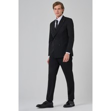  Erkek Siyah Poliviskon Trend Düz Desen Slim Fit Sivri Yaka Kruvaze Takım Elbise