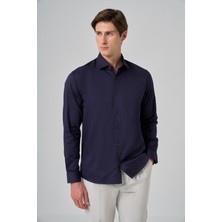  Erkek Lacivert Pamuk Trend Dynamic Fit Italyan Yaka Gömlek