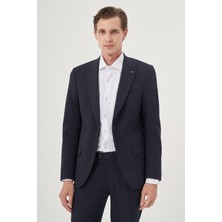  Erkek Lacivert Poliviskon Basic Düz Slim Fit Sivri Yaka Takım Elbise