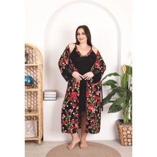 Umestyle Lady Lingerie & Homewear Kırmızı Siyah Çiçekli Ikili Gecelik Takım