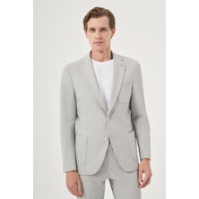  Erkek Gri Poliviskon Trend Çizgili Slim Fit Mono Yaka Takım Elbise