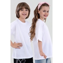 Unisex Çocuk Bisiklet Yaka Kısa Kol %100 Pamuk Oversize Tişört Beyaz