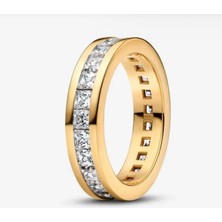 Gold Renk Zirkon Detaylı Tam Tur Kanallı S925 Ayar Yüzük