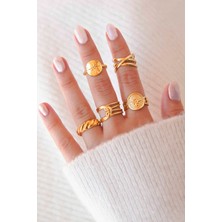 Trend Collection Kadın Altın Renk Ayarlanabilir Çelik Yüzük Set (5'li)