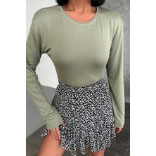 Rahat ve Şık Uzun Kollu Bisiklet Yaka Likralı Viskon Penye Body Haki ( Lisinya )