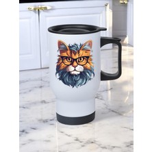 Gözlüklü Kedi Baskılı Kulplu Çelik Bardak Termos 450 ml