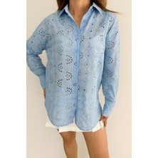 Kadın Bebe Mavisi Fisto Desenli Pamuk Gömlek | Günlük ve Ofis Kombini