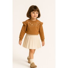 Fırfırlı Yakası Çiçek Nakışlı 2 Iplik Uzun Kol Kız Çocuk Sweatshirt