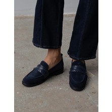 Rynor Lacivert Süet Hakiki Deri Kadın Makosen