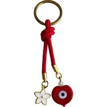 Kalp Nazar Boncuklu ve Lotus Figürlü Kırmızı Ipli Şık Anahtarlık