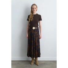 Gusto Anka Koleksiyonu Uzun Viskon Saten Etek - Kahverengi