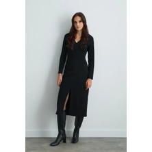 Gusto V Yakalı Uzun Lycralı Elbise - Siyah