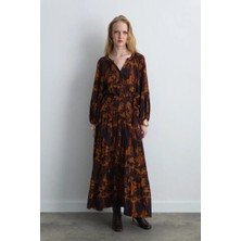 Gusto Anka Koleksiyonu Beli Kemerli Uzun Viskon Elbise - Mürdüm