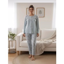 Nena Uzun Kol Robalı Önden Açık % 100 Pamuk Viskon 4 Mevsim Pijama Takımı -14949