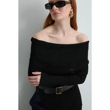 Gusto Madonna Yaka Rayon Triko Bluz - Siyah