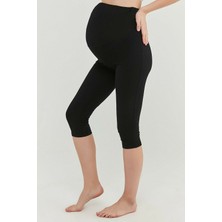 Kadın Siyah Ayarlanabilir Bel Organik Pamuklu Likralı Kapri Hamile Tayt