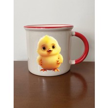 Sevimli Civcivli Kırmızı Ağızlı Kupa Bardak Sevgiliye Hediye - Seramik Çay, Kahve Hediyelik Bardağı