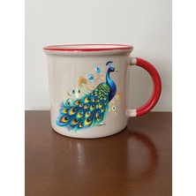 Tavus Kuşulu Kırmızı Ağızlı Kupa Bardak Sevgiliye Hediye - Seramik Çay, Kahve Hediyelik Bardağı